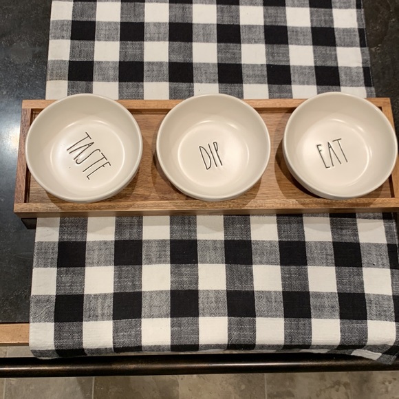 Rae Dunn "Taste, Eat, Dip" Ceramic Wood Serving Bowls Dish Tray Set - Picture 3 of 10